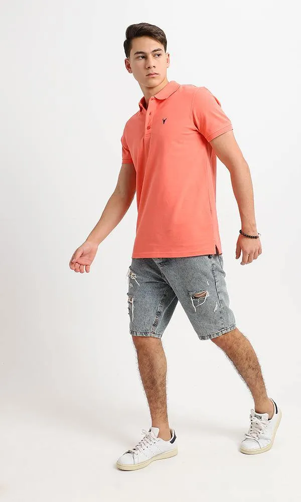 94638 Coral Short Sleeves Casual Buttoned Polo Shirt