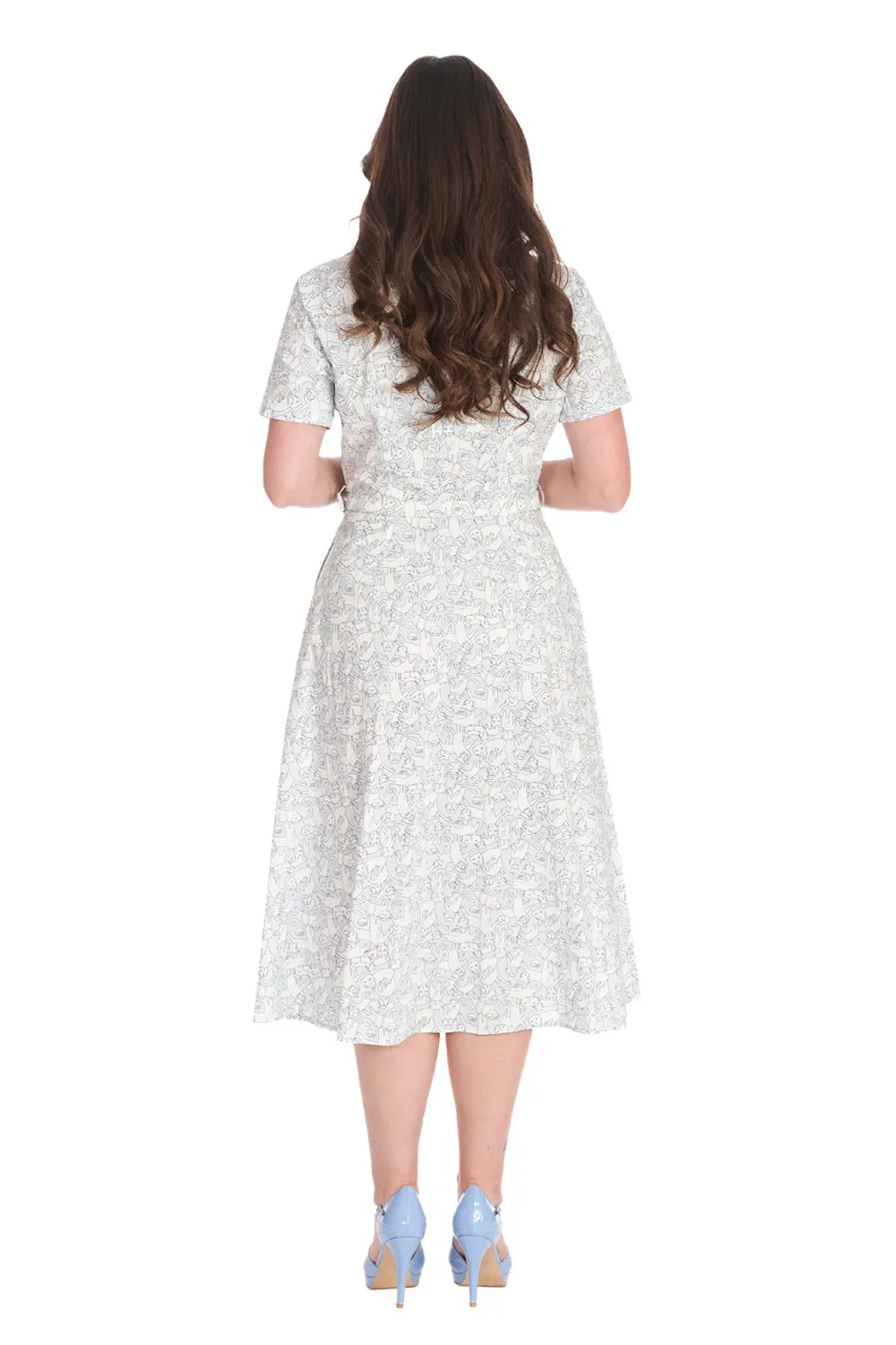 Banned Mieow Shirt Dress with Belt in Light Blue Cat Print