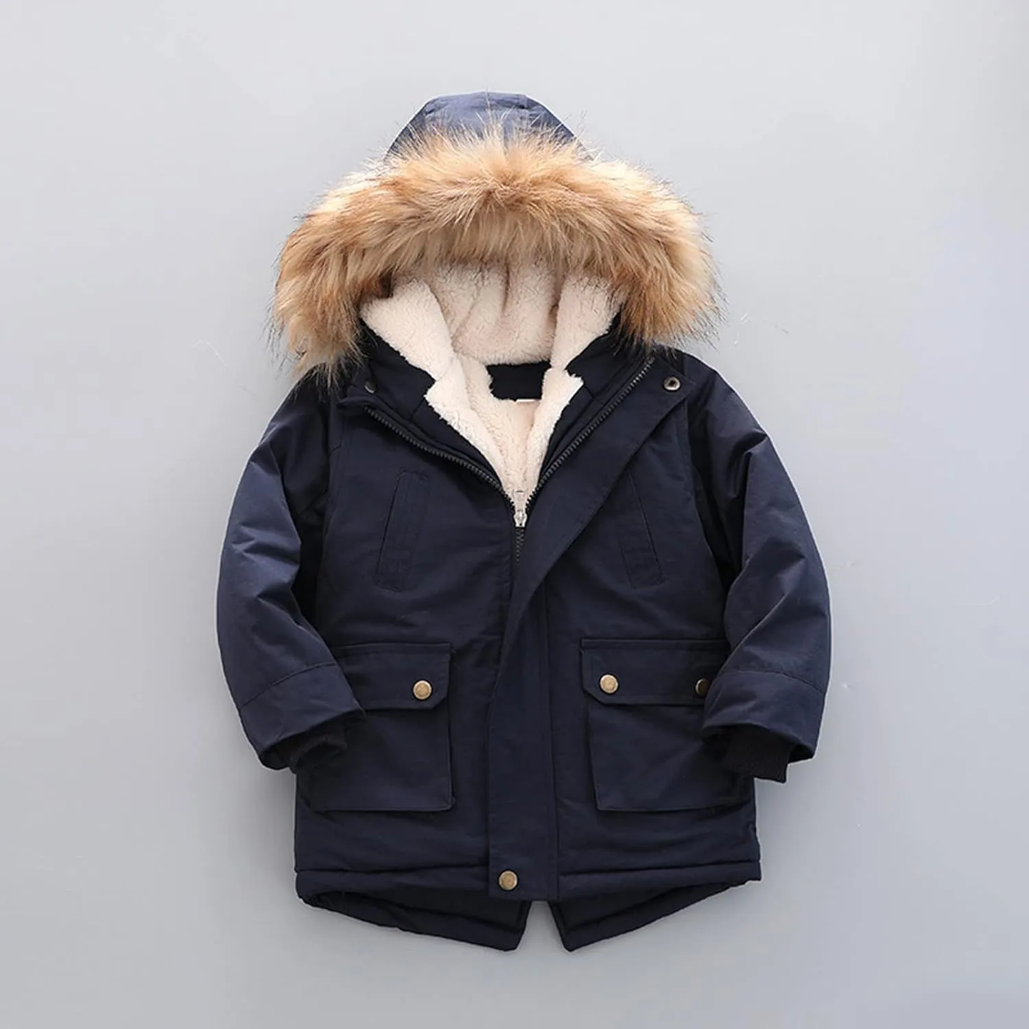 Boys and Toddler's Long Winter Coat Fleece Lined Hooded Puffer Jacket Insulated Parka with Faux Fur Collar Down Coat