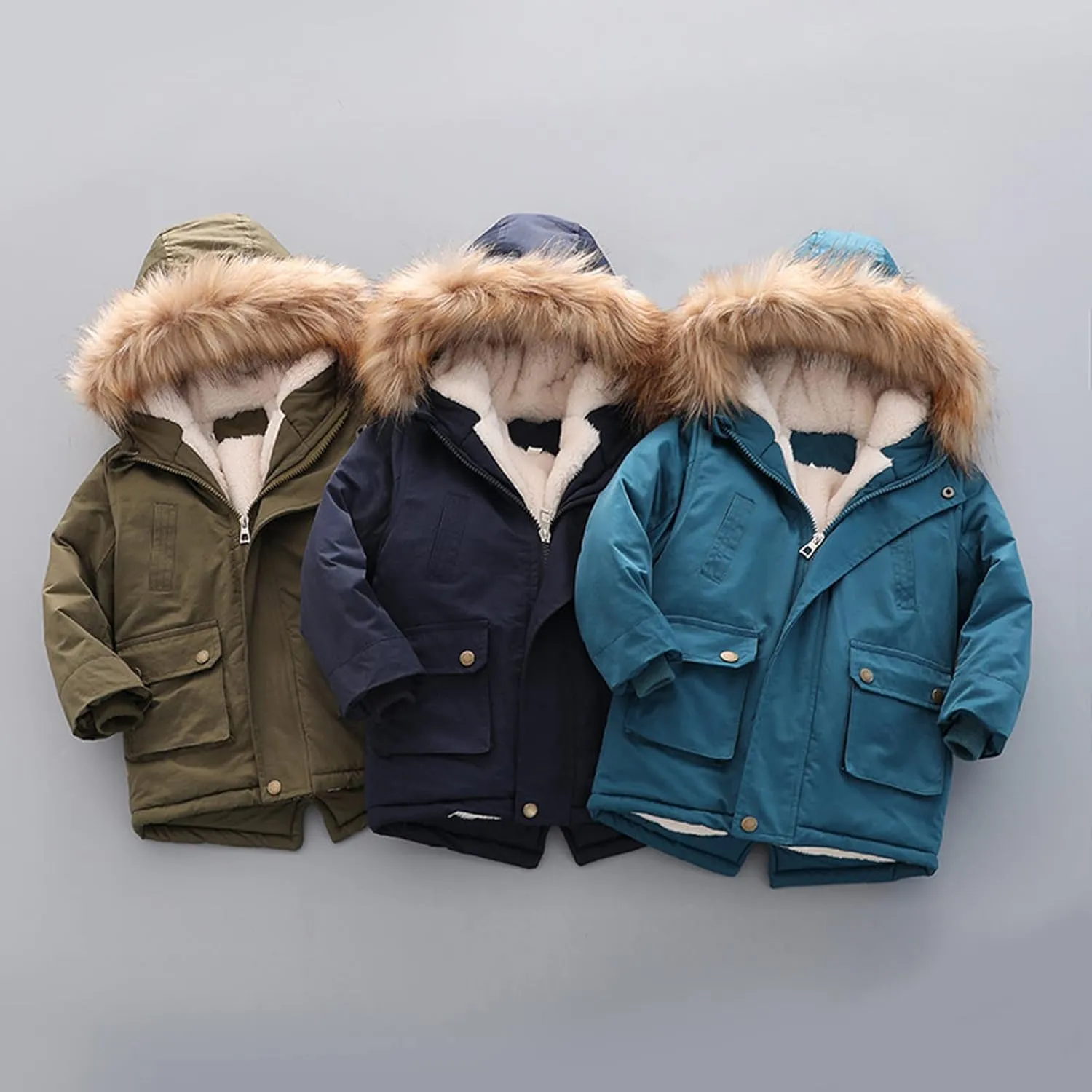 Boys and Toddler's Long Winter Coat Fleece Lined Hooded Puffer Jacket Insulated Parka with Faux Fur Collar Down Coat
