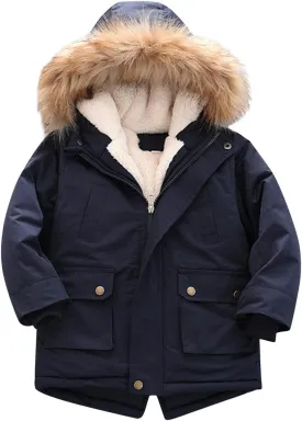 Boys and Toddler's Long Winter Coat Fleece Lined Hooded Puffer Jacket Insulated Parka with Faux Fur Collar Down Coat