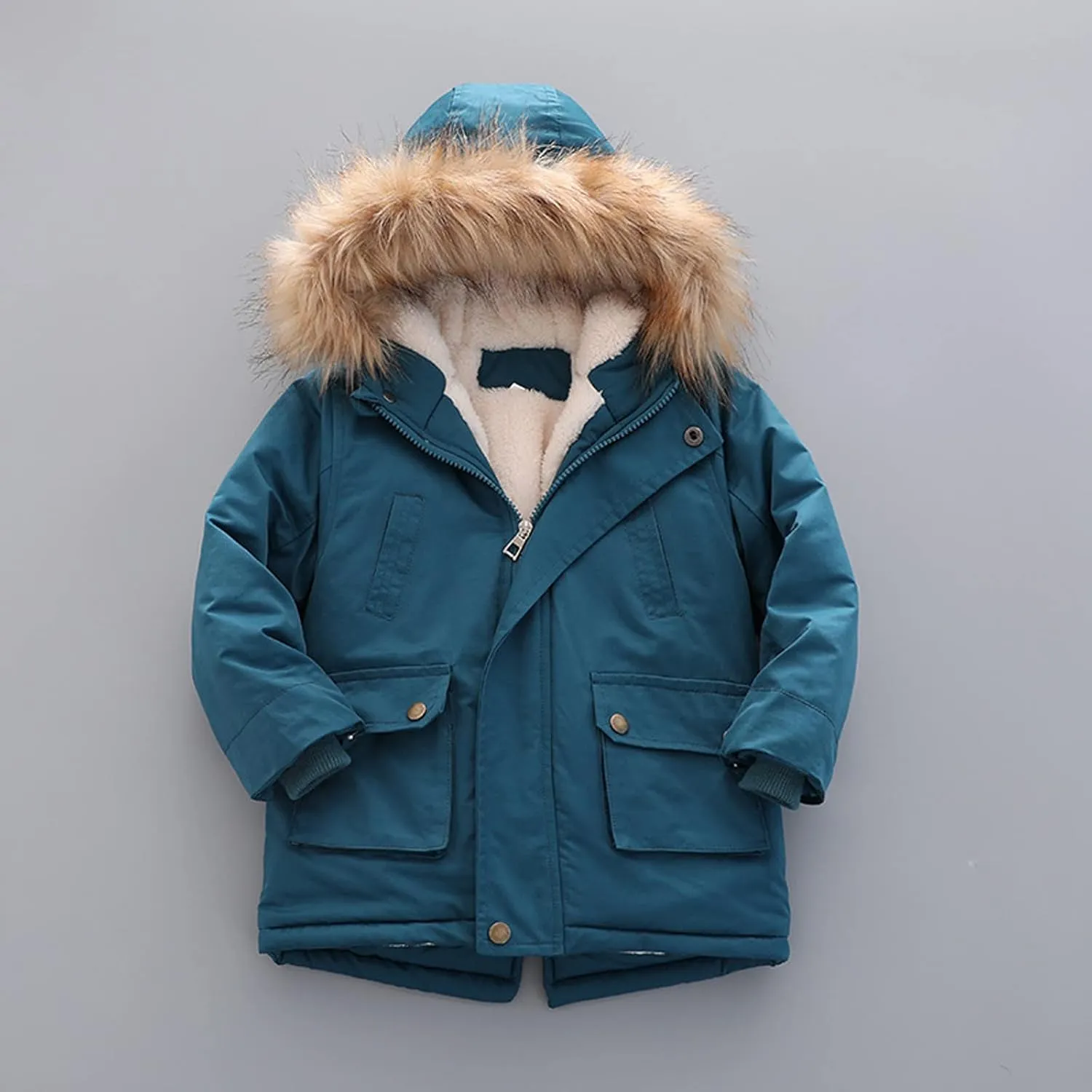Boys and Toddler's Winter Coat Fleece Lined Long Puffer Jacket Insulated Parka with Faux Fur Collar Hooded Down Coat