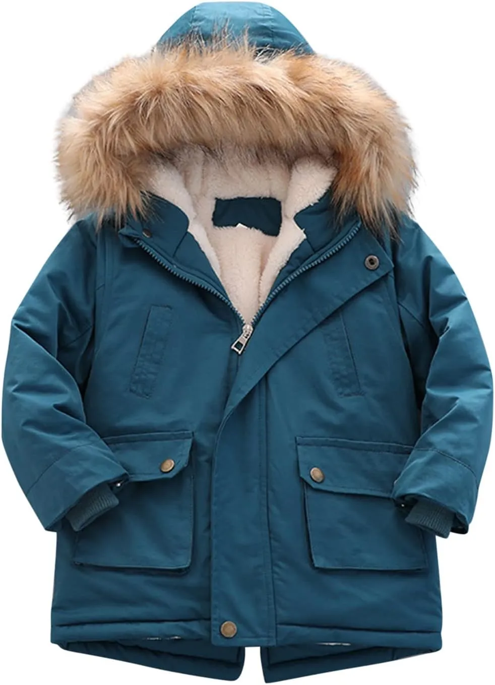 Boys and Toddler's Winter Coat Fleece Lined Long Puffer Jacket Insulated Parka with Faux Fur Collar Hooded Down Coat