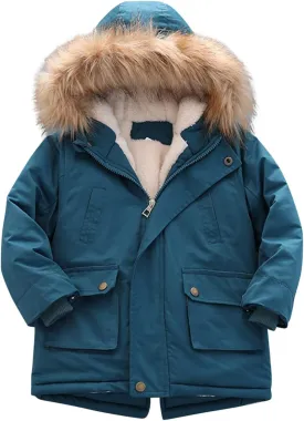 Boys and Toddler's Winter Coat Fleece Lined Long Puffer Jacket Insulated Parka with Faux Fur Collar Hooded Down Coat