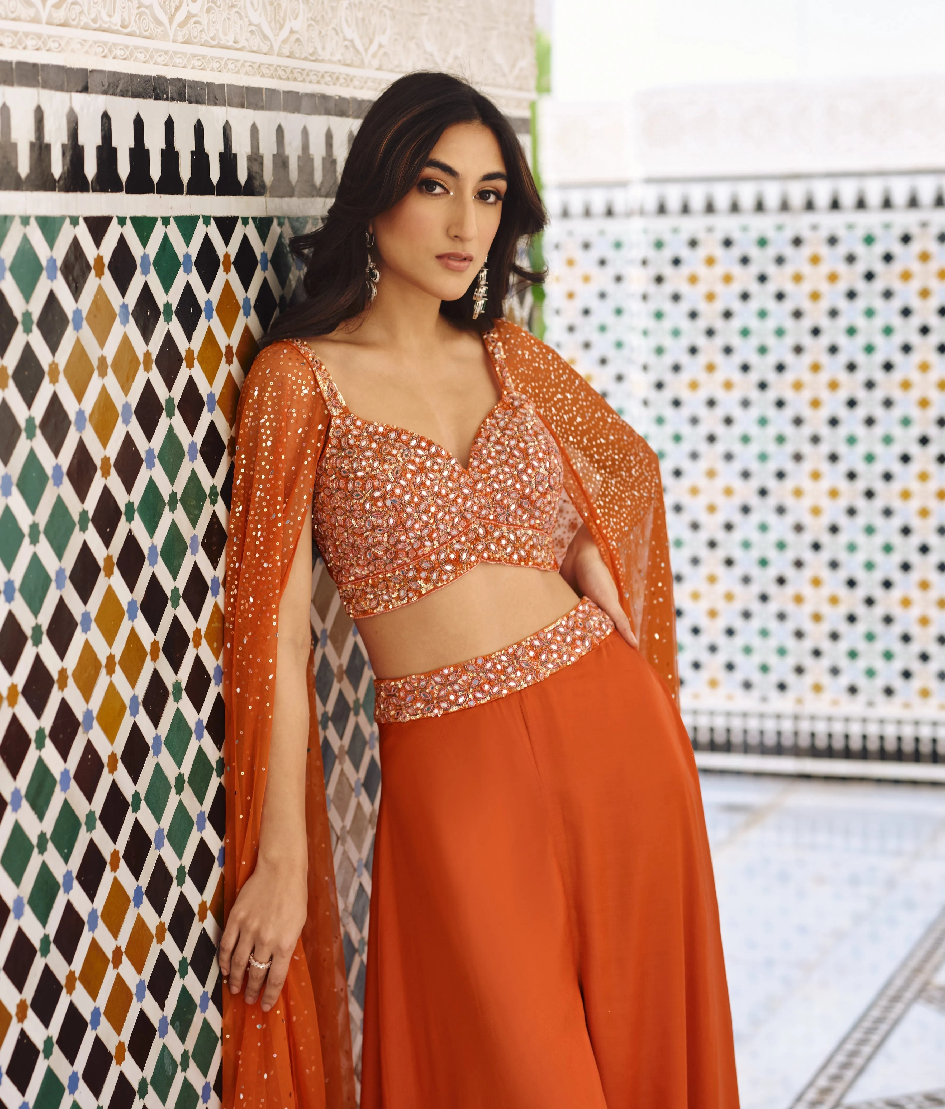 Bright Orange Embellished Premium Net Crop Top & Palazzo Set