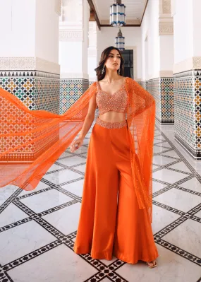Bright Orange Embellished Premium Net Crop Top & Palazzo Set