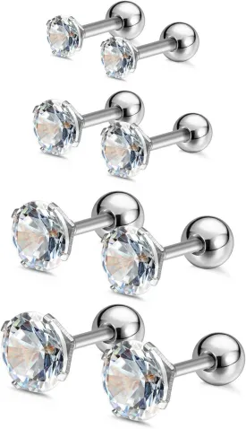 Charisma 16G Cartilage Tragus Helix Stud Stainless Steel Barbell Earrings For Women Men Screw Back Piercing Earrings (4 Pairs, 6mm bar length, 3mm-6mm Cubic Zirconia, Silver)