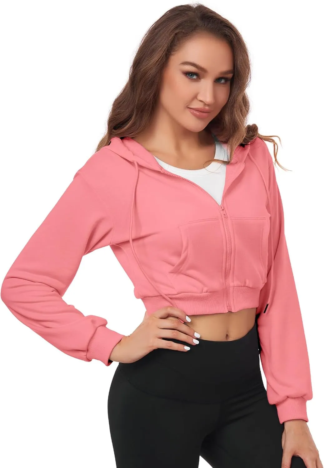 Cropped Zip Up Hoodie Women Jacket Top Sweatshirt Casual Basic Gym Workout Sport
