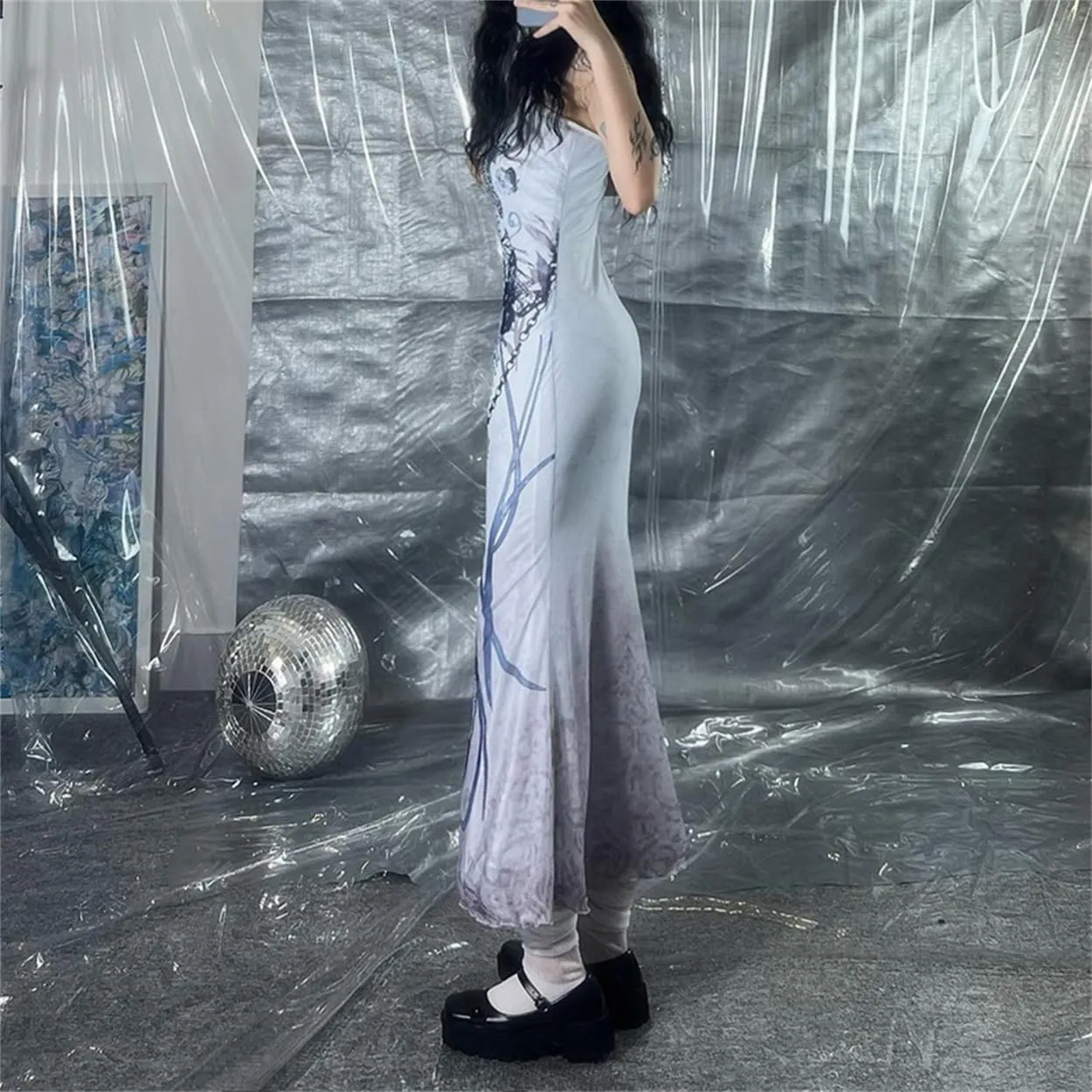 Cyber Goth Desert Walker Hooded Dresses Y2k Punk Grunge Hollow Out Midi Dress Women Sexy Split Side Solid Streetwear