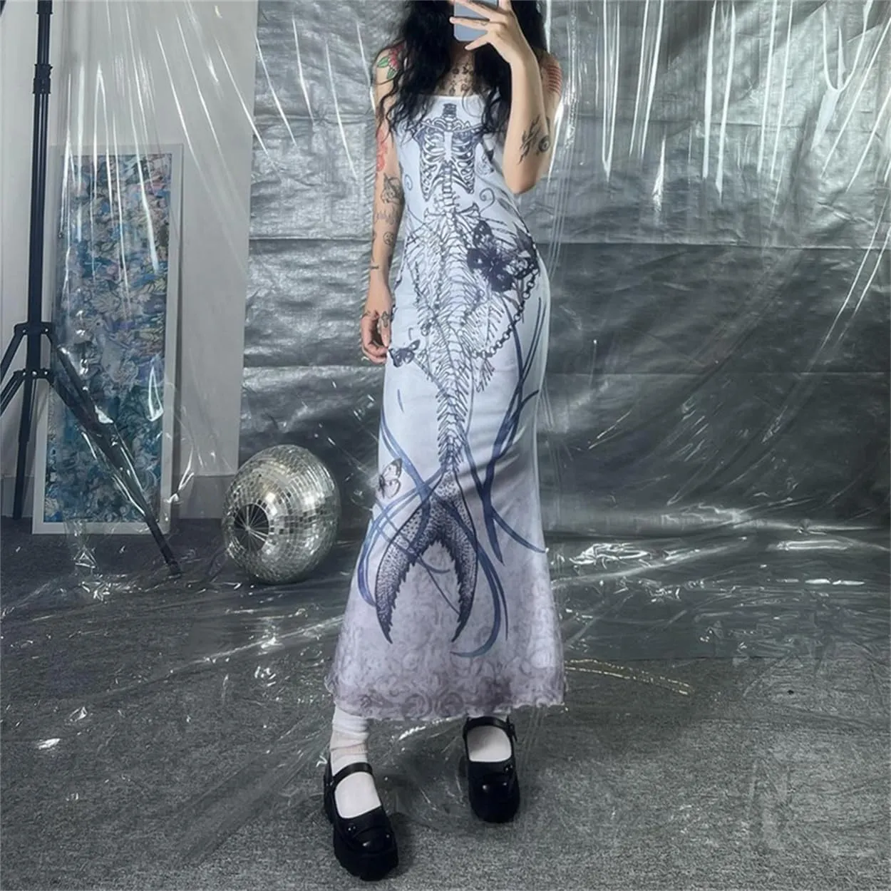 Cyber Goth Desert Walker Hooded Dresses Y2k Punk Grunge Hollow Out Midi Dress Women Sexy Split Side Solid Streetwear