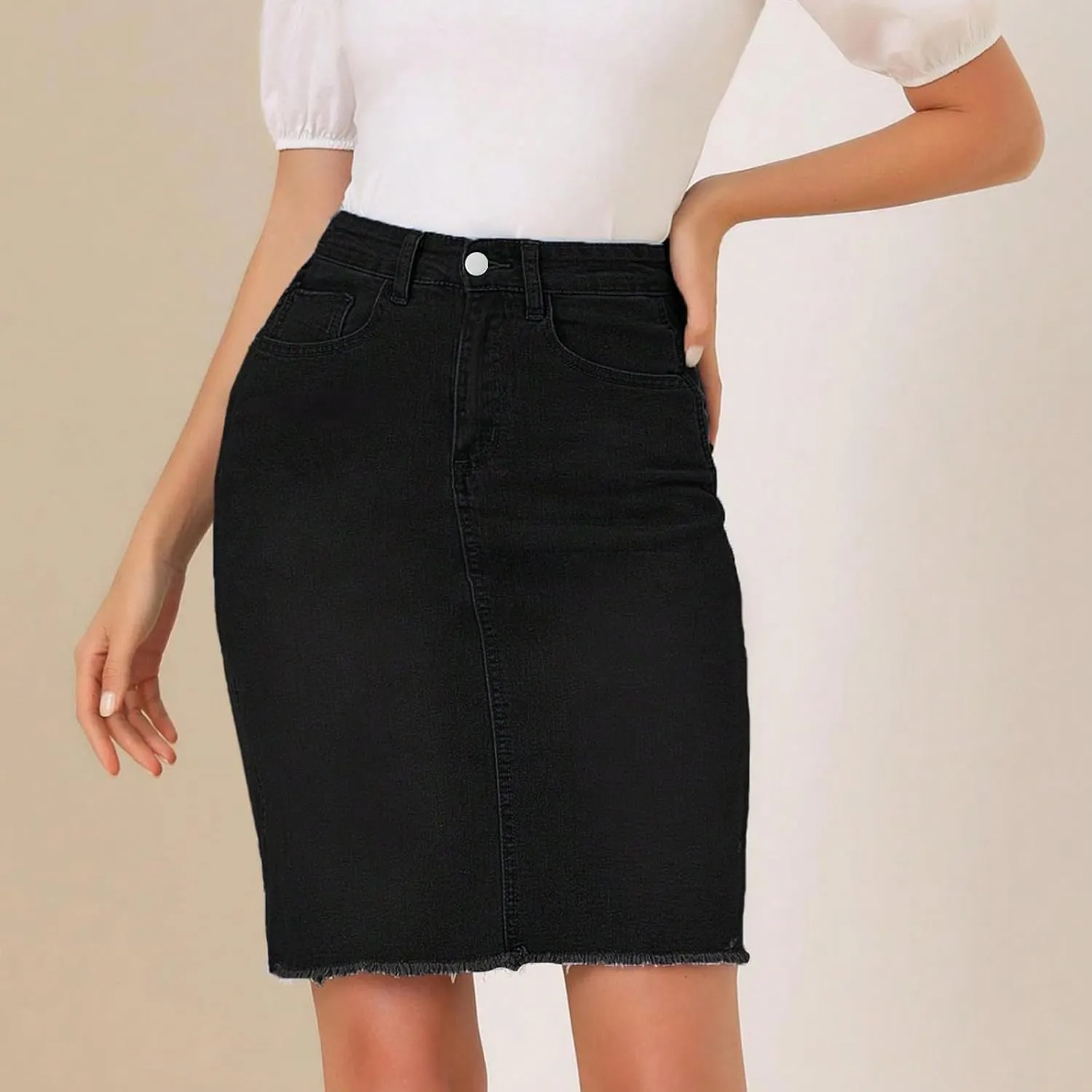 fanmpghleoo High Waisted Denim Skirt Women Raw Hem Pencil Mini Jean Skirt with Pockets Stretchy Bodycon Curvy Summer Skirts