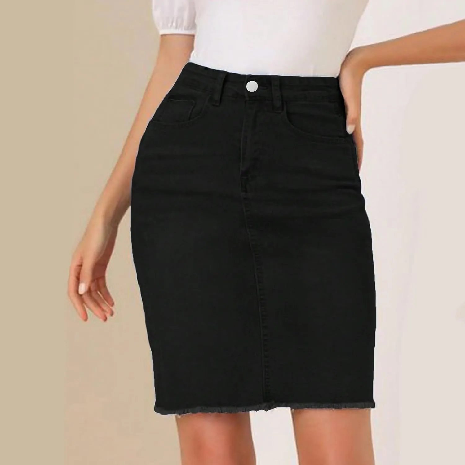 fanmpghleoo High Waisted Denim Skirt Women Raw Hem Pencil Mini Jean Skirt with Pockets Stretchy Bodycon Curvy Summer Skirts