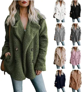 Fuzzy Fleece Jacket Women 2024 Winter Teddy Bear Sherpa Coats Warm Lapel Button Down Cardigan Faux Fur Outwear Pockets