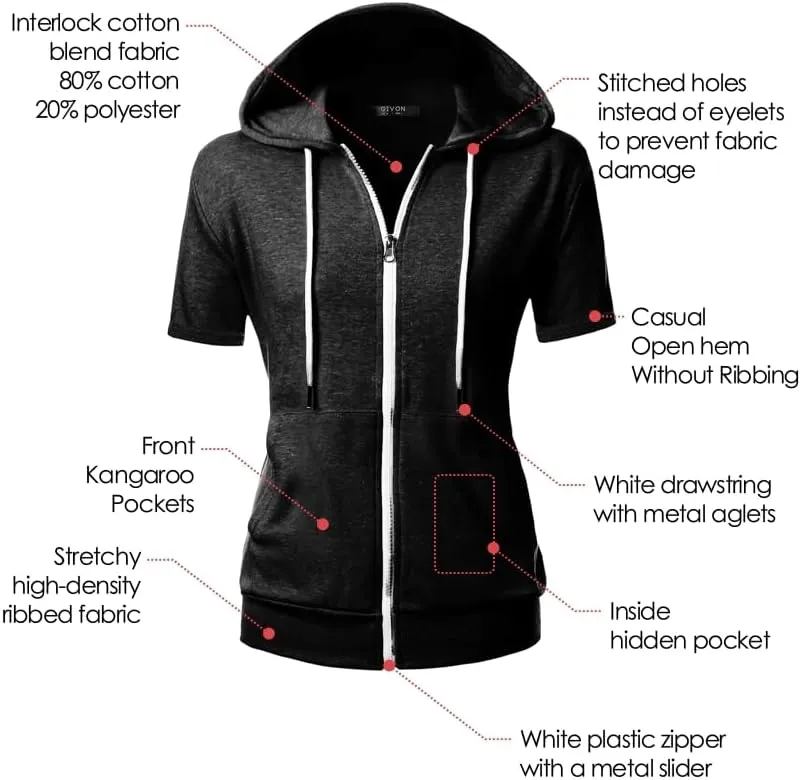 GIVON Womens Slim Fit Zip Up Hoodie Short Sleeve Thin Jacket Full Zip Sweatshirt with Plus Size