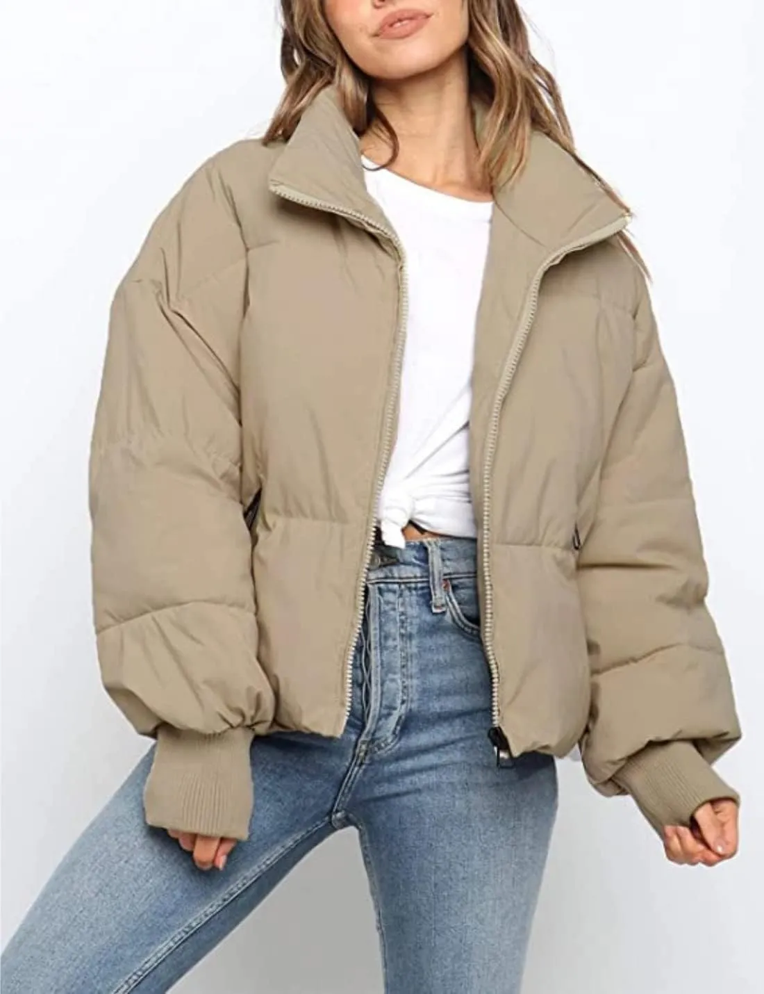 InterNos Women's Winter Stand Collar Zip Puffer Jacket Baggy Short Padded Down Coats