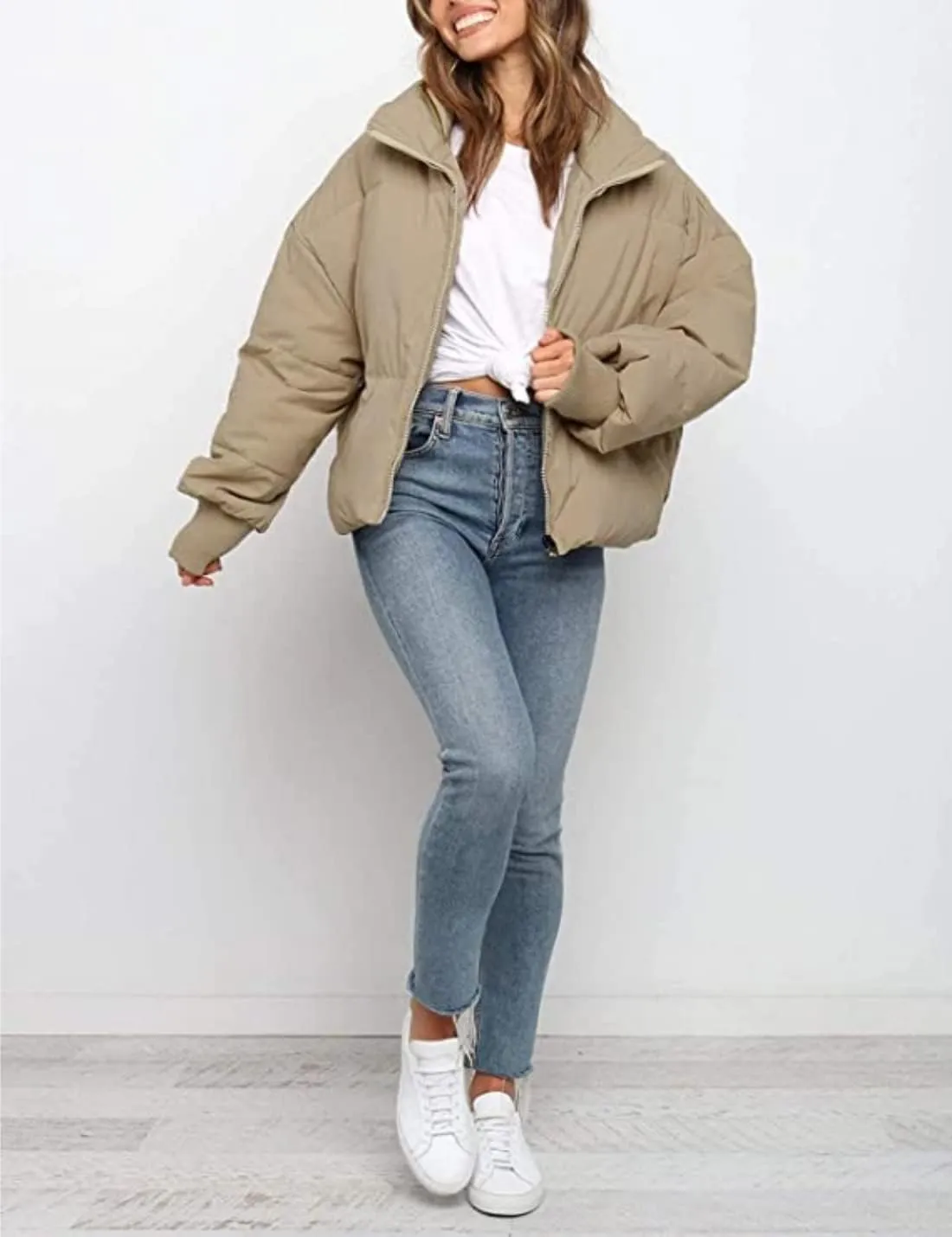 InterNos Women's Winter Stand Collar Zip Puffer Jacket Baggy Short Padded Down Coats