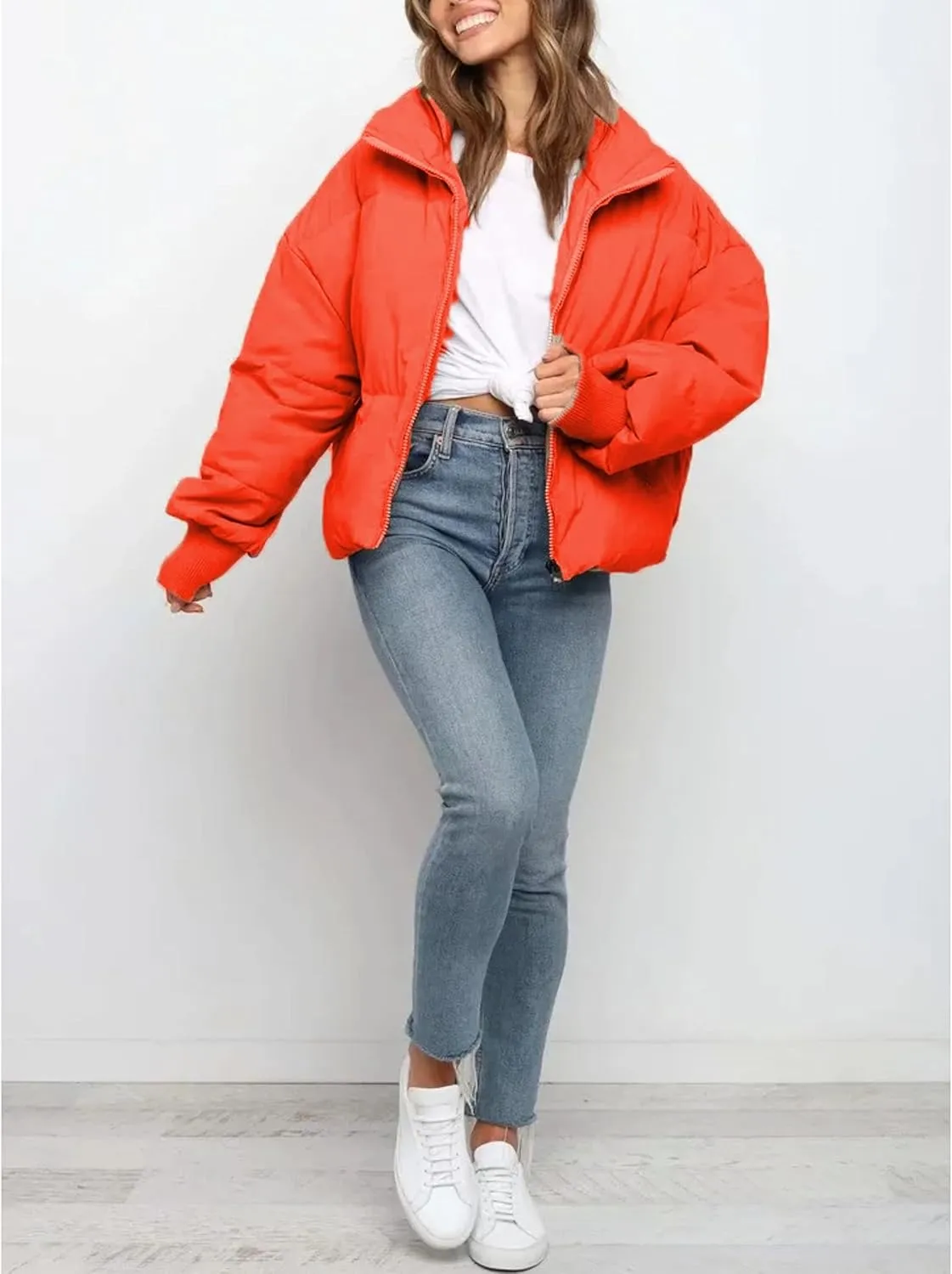 InterNos Women's Winter Stand Collar Zip Puffer Jacket Baggy Short Padded Down Coats