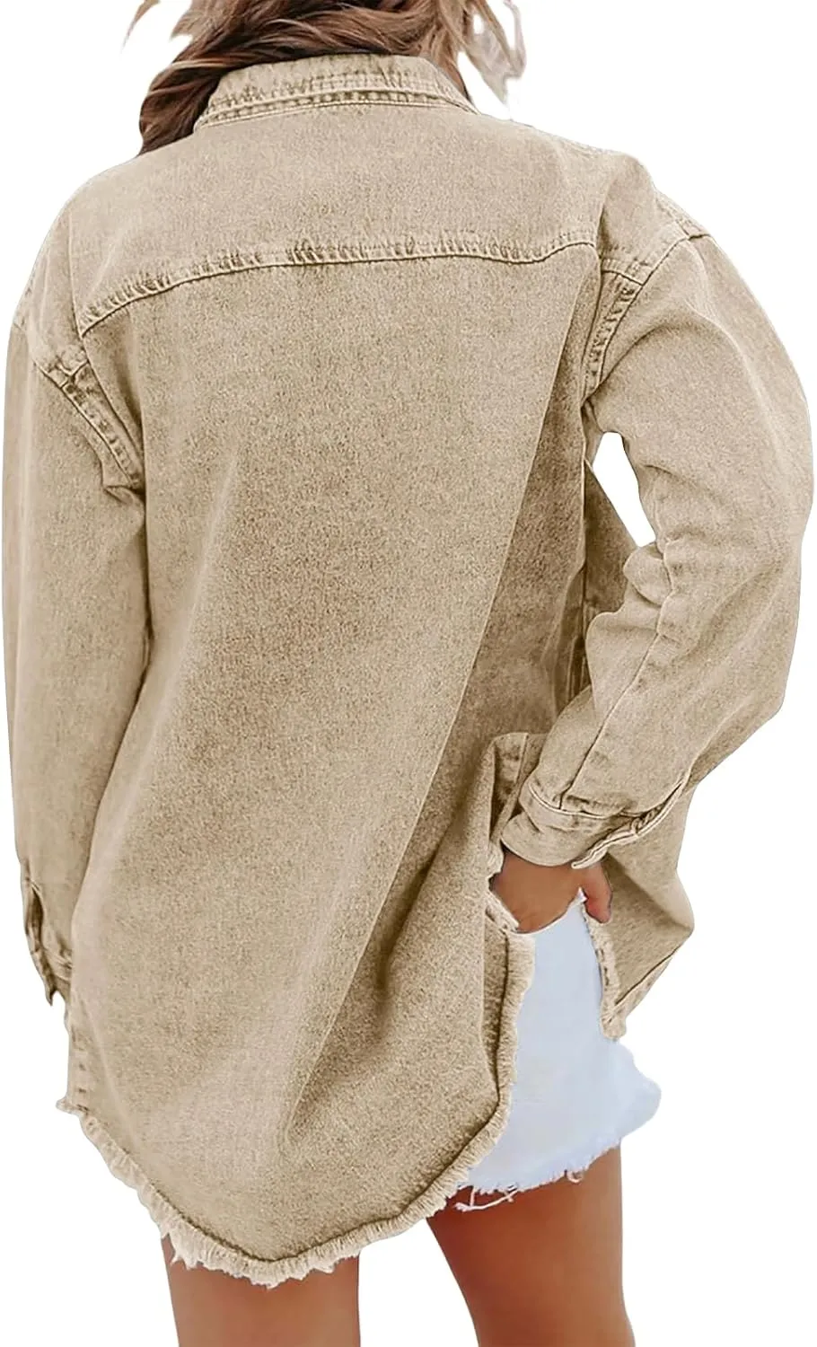 Jean Jackets for Women Oversized Button Up Frayed Hem Shacket Casual Long Sleeve Denim Jean Jackets Coat with Pockets