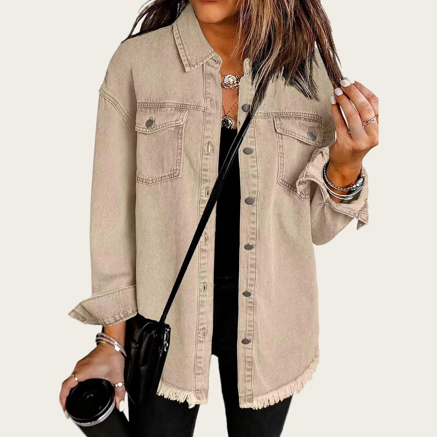 Jean Jackets for Women Oversized Button Up Frayed Hem Shacket Casual Long Sleeve Denim Jean Jackets Coat with Pockets