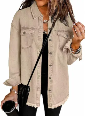 Jean Jackets for Women Oversized Button Up Frayed Hem Shacket Casual Long Sleeve Denim Jean Jackets Coat with Pockets