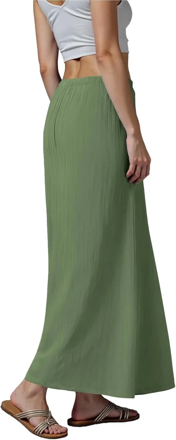 Linen Maxi Skirts for Women Trendy Summer Comfy Drawstring Waist A Line Skirts Cute Vacation Boho Long Flowy Skirt