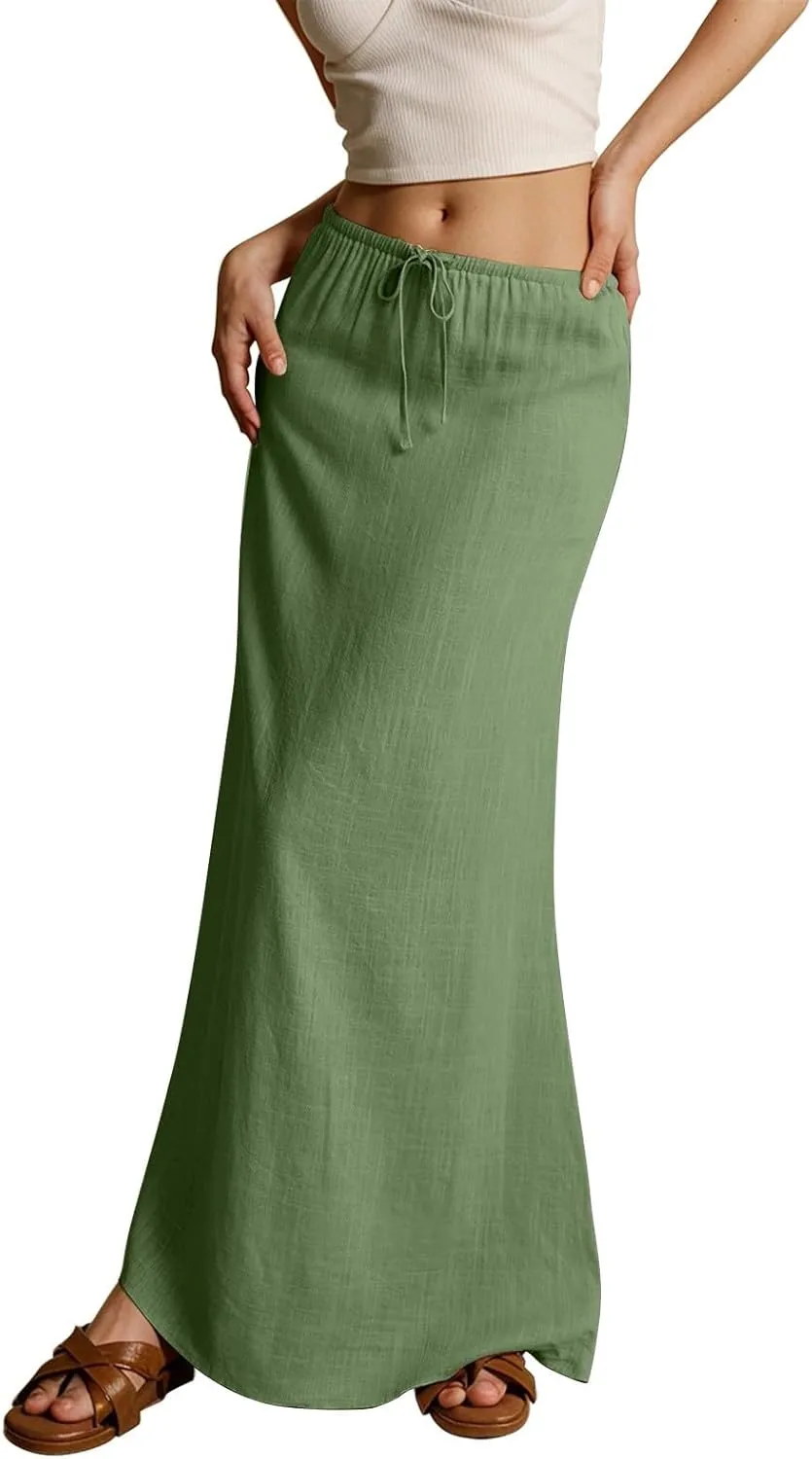Linen Maxi Skirts for Women Trendy Summer Comfy Drawstring Waist A Line Skirts Cute Vacation Boho Long Flowy Skirt