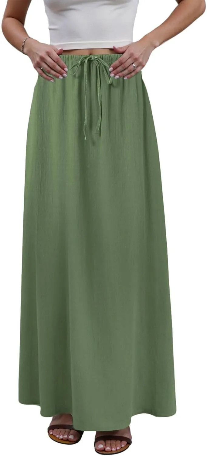 Linen Maxi Skirts for Women Trendy Summer Comfy Drawstring Waist A Line Skirts Cute Vacation Boho Long Flowy Skirt