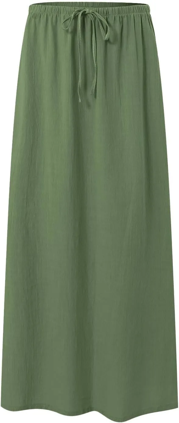 Linen Maxi Skirts for Women Trendy Summer Comfy Drawstring Waist A Line Skirts Cute Vacation Boho Long Flowy Skirt