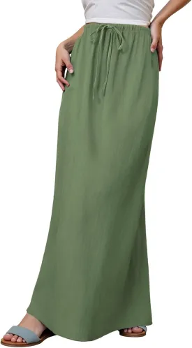 Linen Maxi Skirts for Women Trendy Summer Comfy Drawstring Waist A Line Skirts Cute Vacation Boho Long Flowy Skirt
