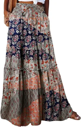 Maxi Skirts for Women Boho Floral Tiered Skirt with Pocket 2025 Summer Elastic Waist Vacation A-Line Long Skirts