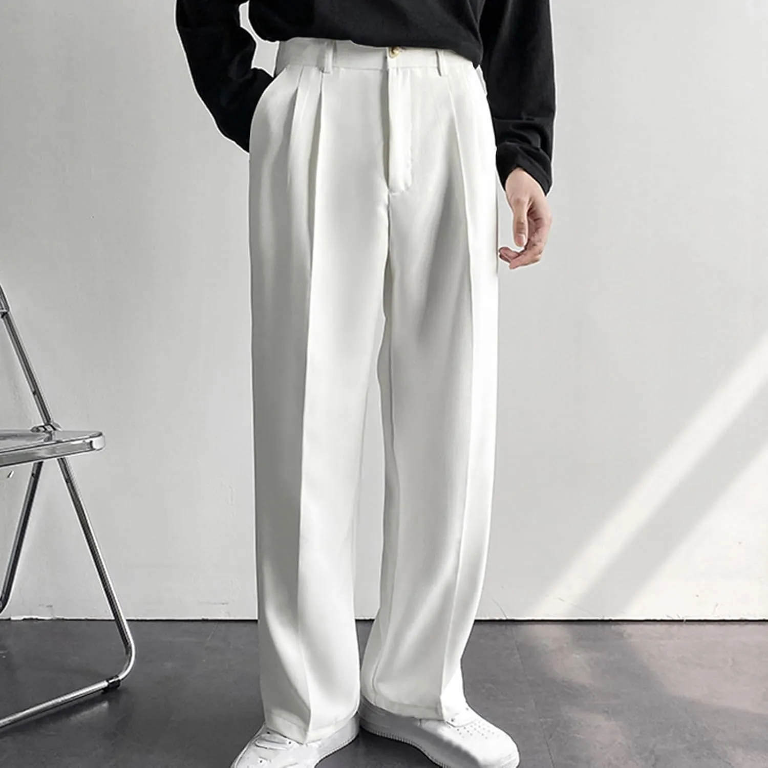 Men's Casual Business Pants Loose Dress Pants High Waisted Button Straight Wide Leg Suit Pant Work Trousers