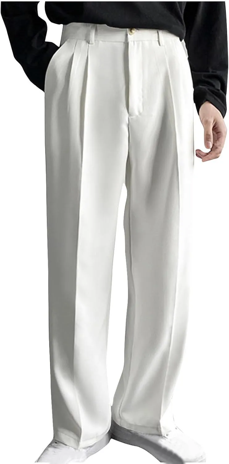 Men's Casual Business Pants Loose Dress Pants High Waisted Button Straight Wide Leg Suit Pant Work Trousers