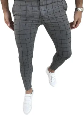 Men's Fashion Stretch Dress Pants Slim Fit Plaid Skinny Long Pants Casual Business Golf Dress Pants