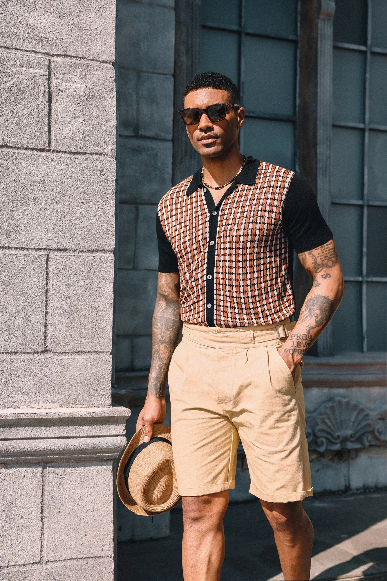 Mens Polo Shirt Short Sleeve Vintage Contrast Button Down Knitted Polo Cardigan Shirts