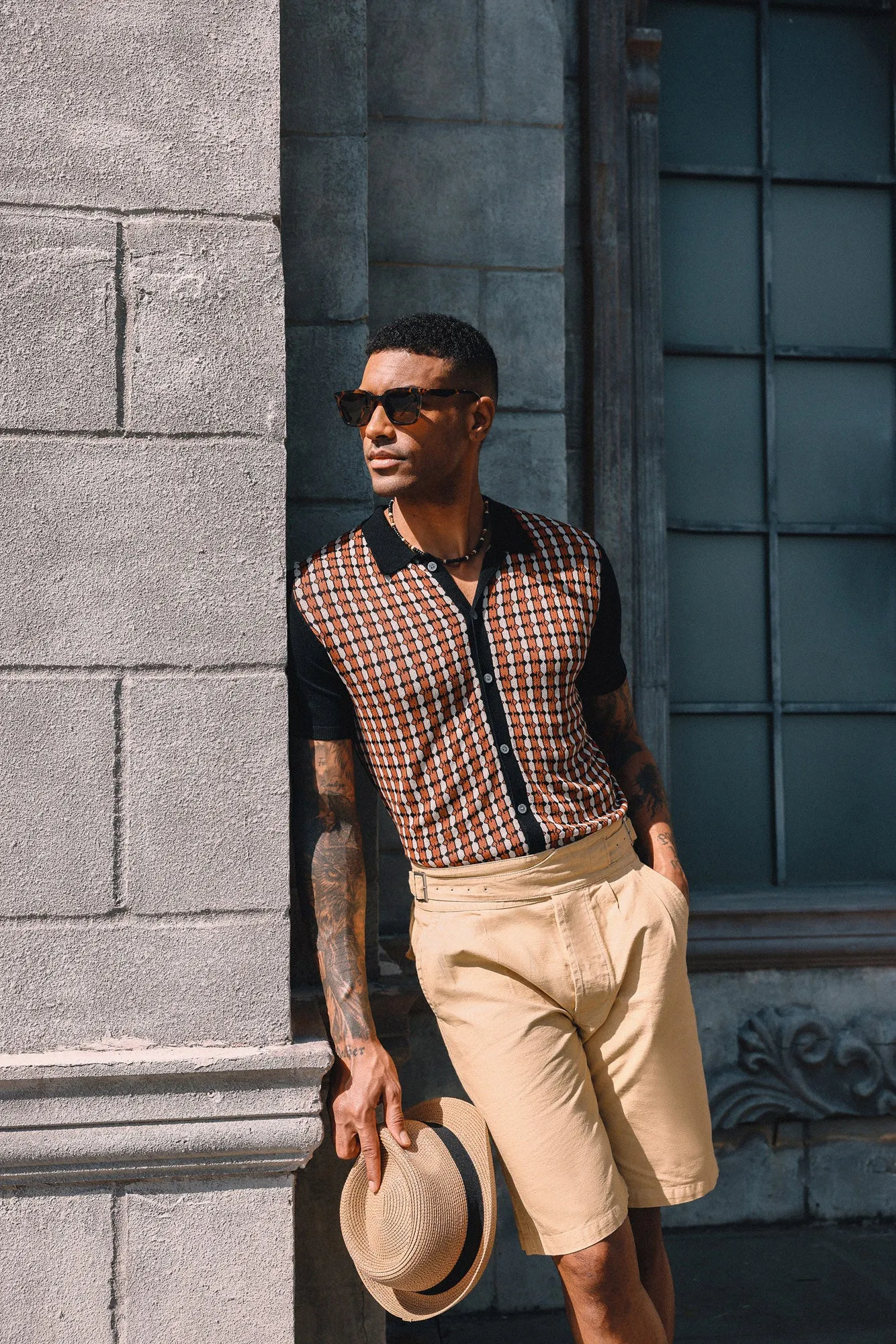 Mens Polo Shirt Short Sleeve Vintage Contrast Button Down Knitted Polo Cardigan Shirts