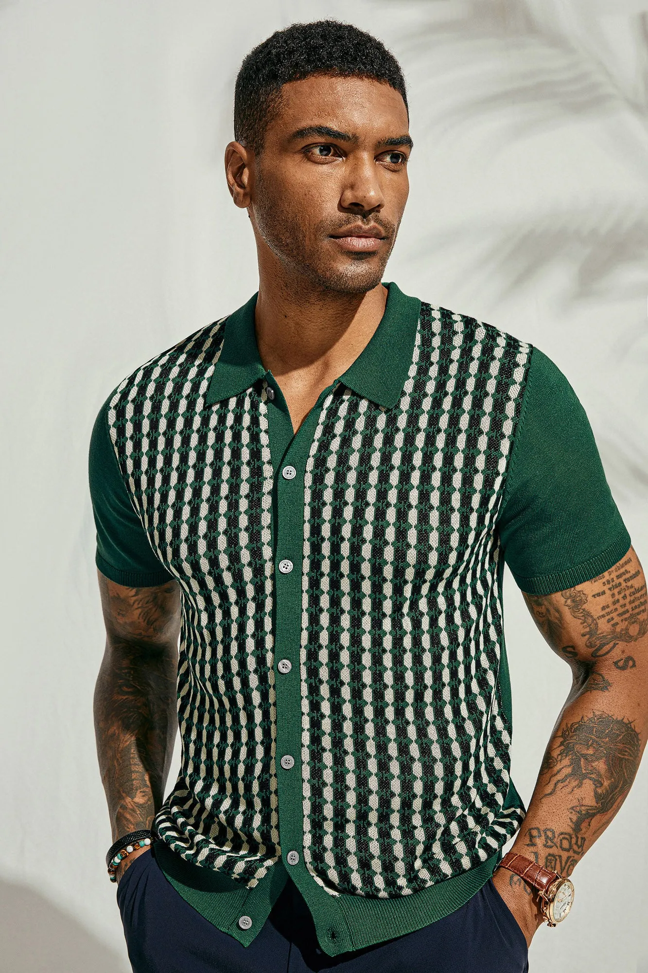 Mens Polo Shirt Short Sleeve Vintage Contrast Button Down Knitted Polo Cardigan Shirts