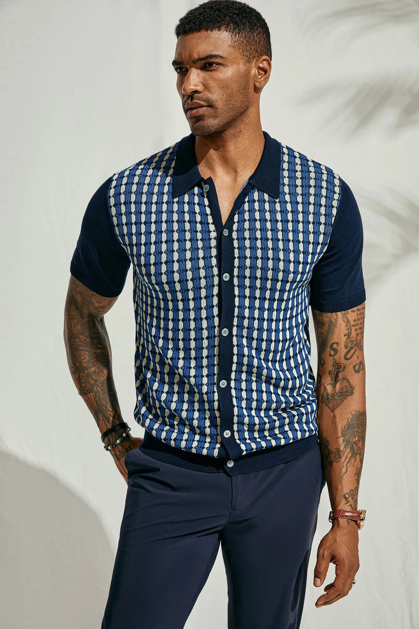 Mens Polo Shirt Short Sleeve Vintage Contrast Button Down Knitted Polo Cardigan Shirts