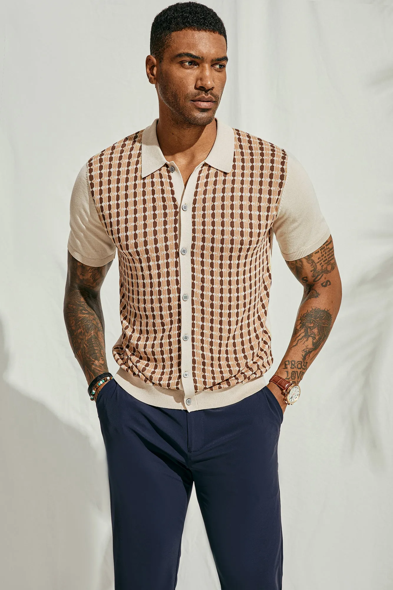 Mens Polo Shirt Short Sleeve Vintage Contrast Button Down Knitted Polo Cardigan Shirts