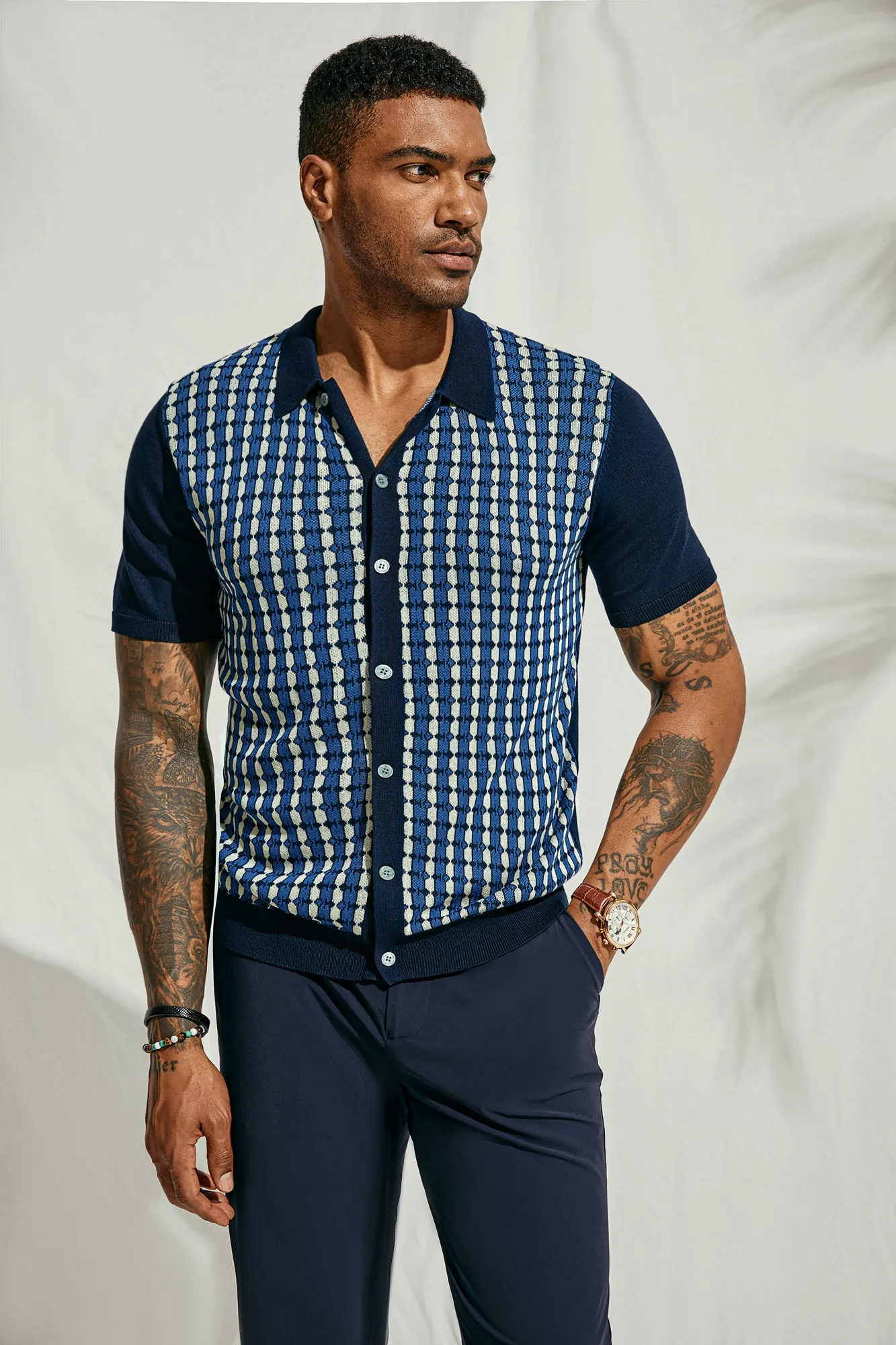 Mens Polo Shirt Short Sleeve Vintage Contrast Button Down Knitted Polo Cardigan Shirts