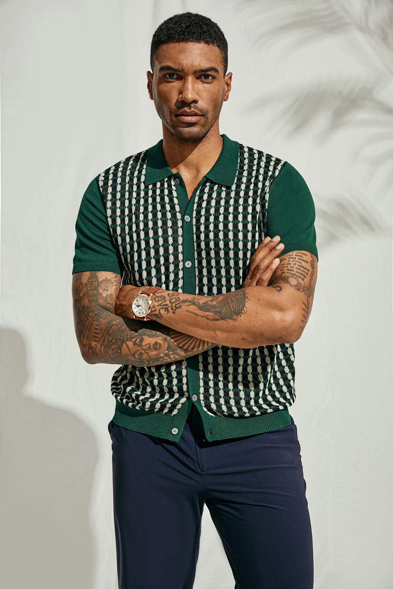 Mens Polo Shirt Short Sleeve Vintage Contrast Button Down Knitted Polo Cardigan Shirts