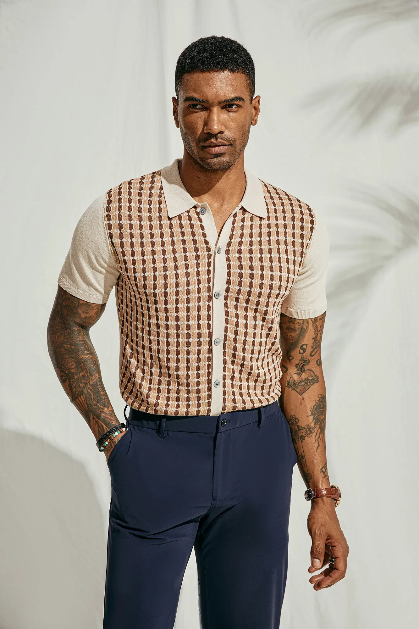 Mens Polo Shirt Short Sleeve Vintage Contrast Button Down Knitted Polo Cardigan Shirts