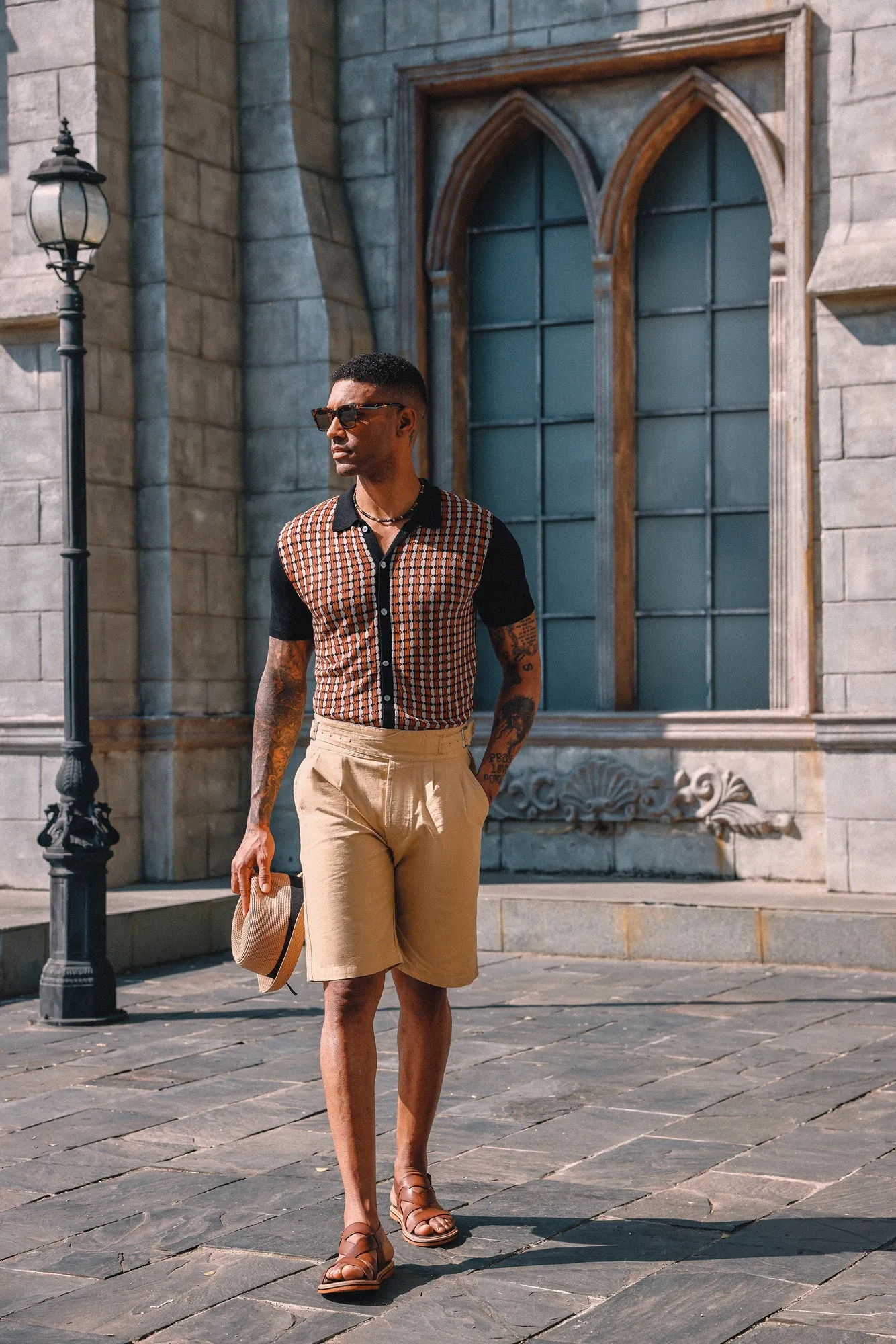 Mens Polo Shirt Short Sleeve Vintage Contrast Button Down Knitted Polo Cardigan Shirts