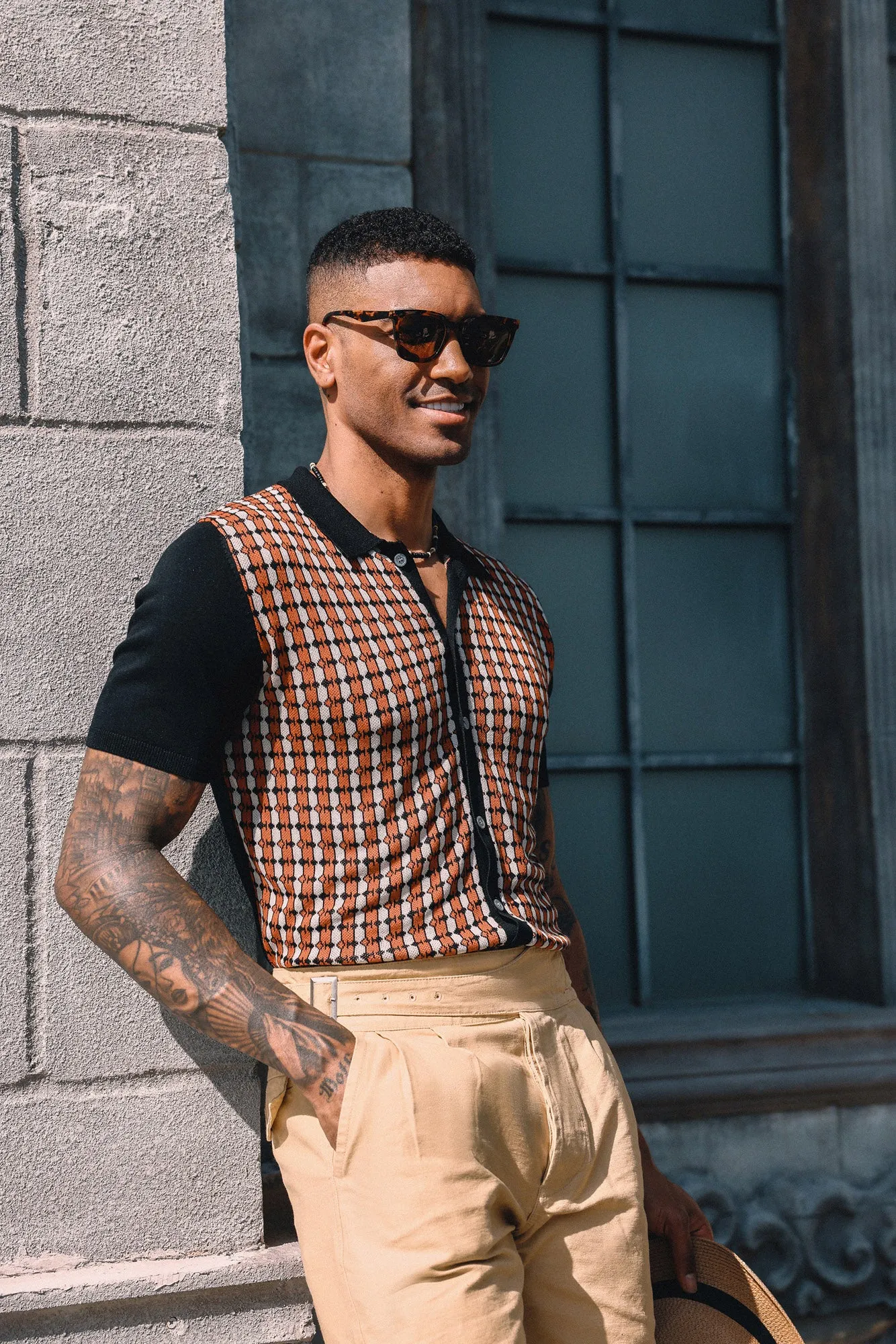 Mens Polo Shirt Short Sleeve Vintage Contrast Button Down Knitted Polo Cardigan Shirts