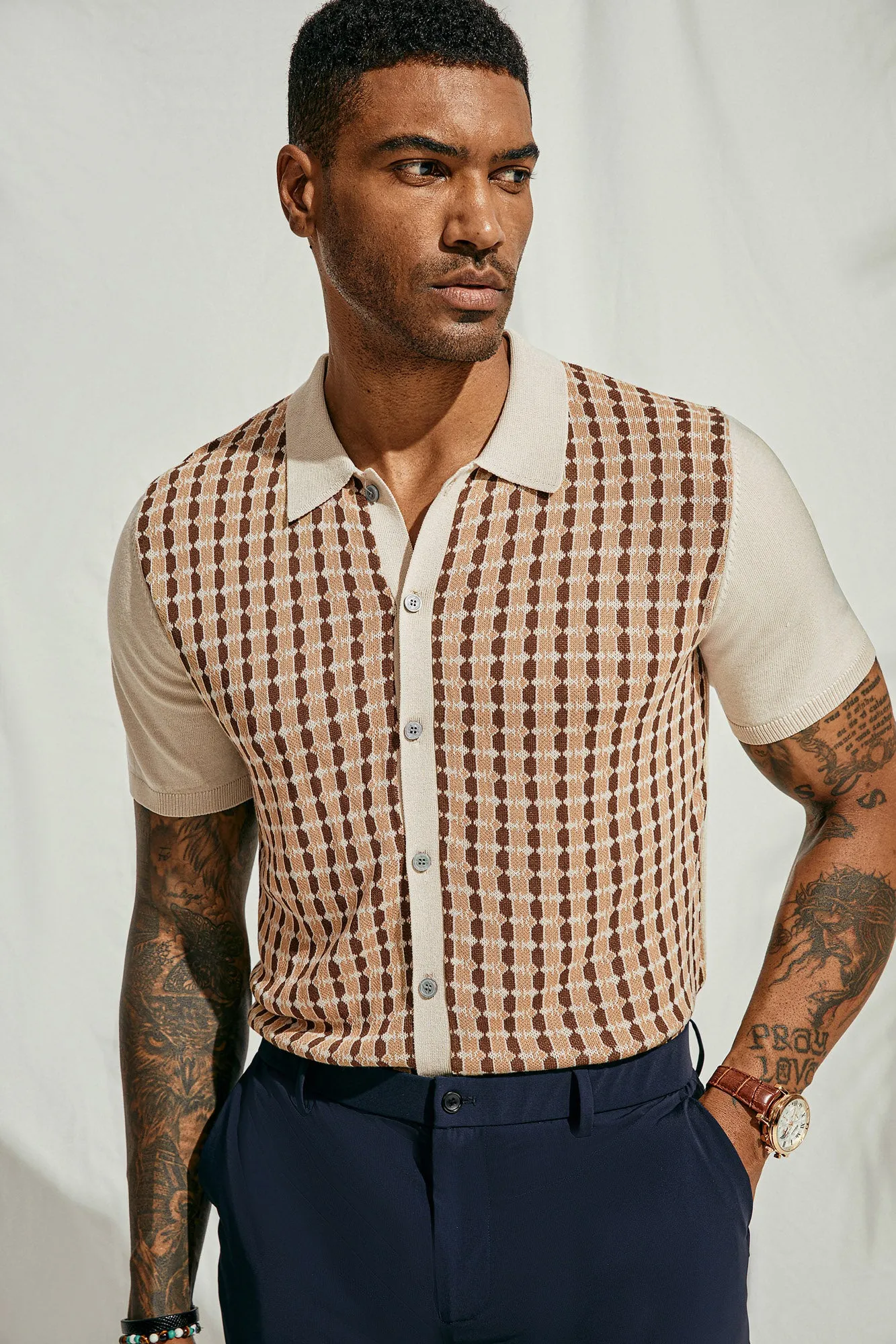 Mens Polo Shirt Short Sleeve Vintage Contrast Button Down Knitted Polo Cardigan Shirts