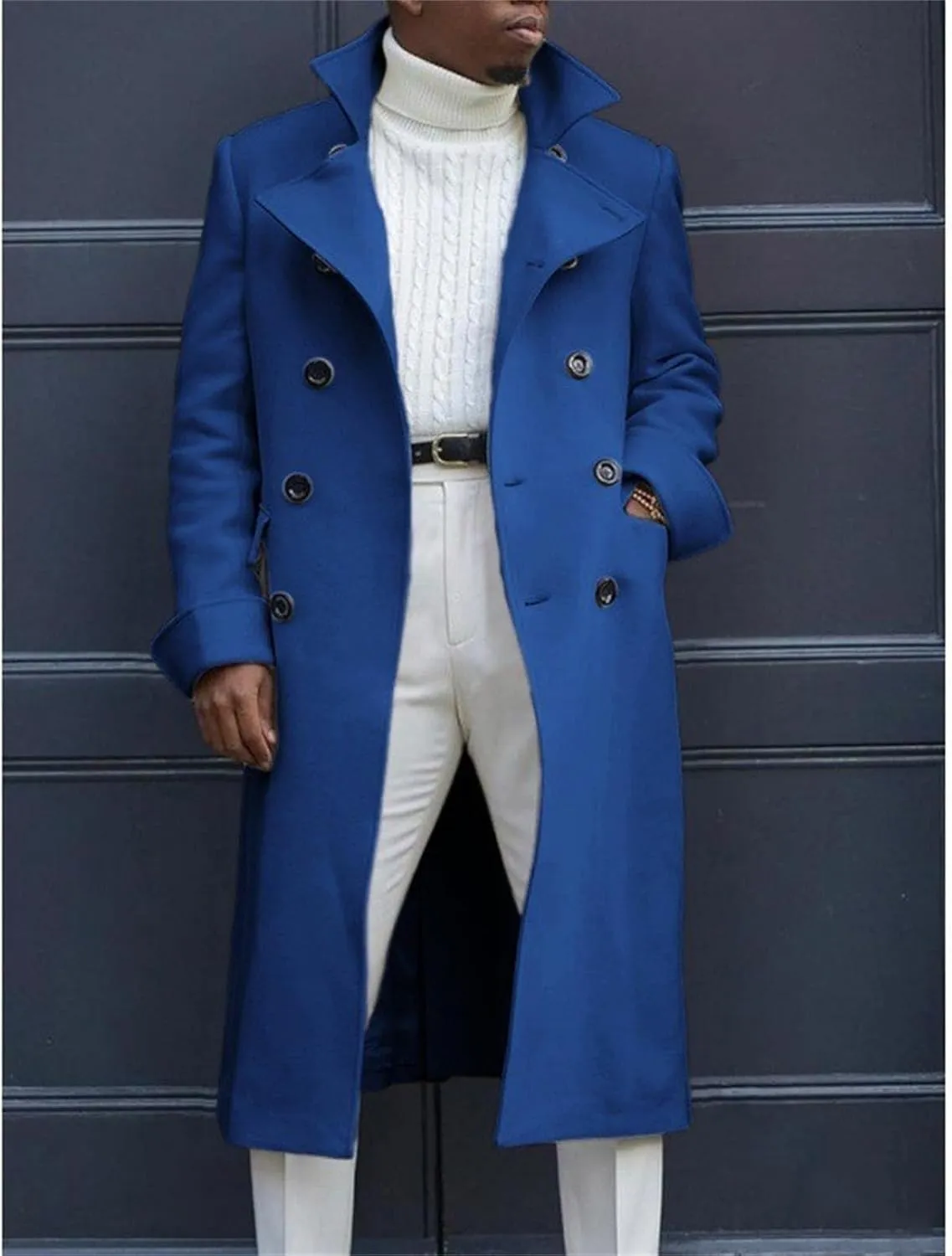 Mens Wool Blend Coat Notch Lapel Double Breasted Long Trench Coat Button Down Overcoat Winter Jacket Business Casual