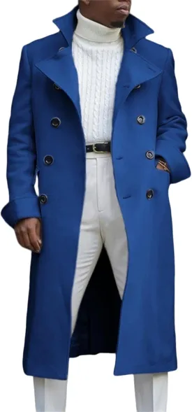 Mens Wool Blend Coat Notch Lapel Double Breasted Long Trench Coat Button Down Overcoat Winter Jacket Business Casual