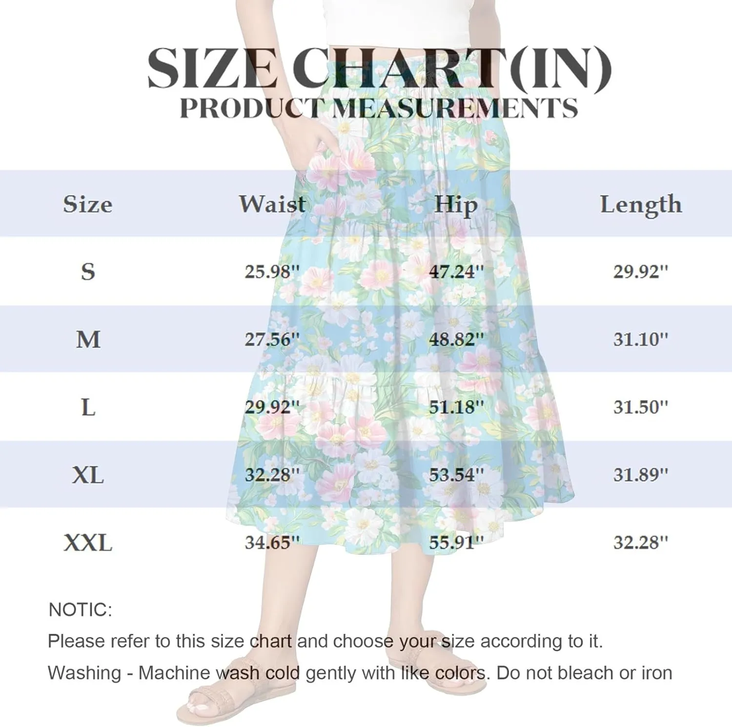 Midi Skirts for Women Boho Beach Flowy Floral Skirt Tiered Elastic High Waisted Skirts A Line Skirt with Pockets