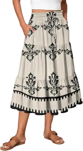 Midi Skirts for Women Boho Beach Flowy Floral Skirt Tiered Elastic High Waisted Skirts A Line Skirt with Pockets