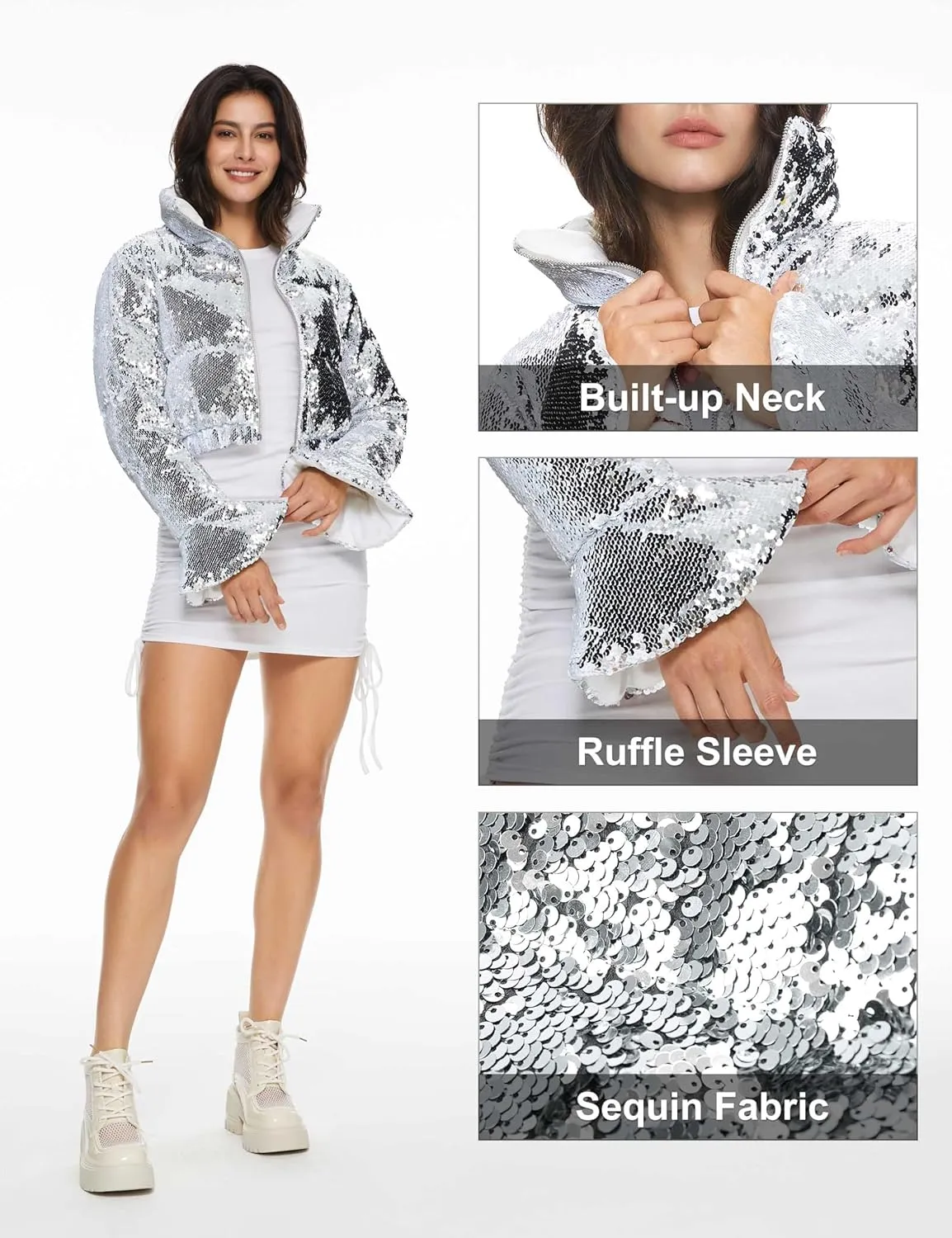 Orolay Women's Ultra Short Shiny Down Coat Sequin Petite Jacket with Stand Collar