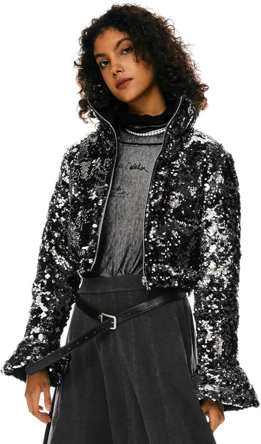 Orolay Women's Ultra Short Shiny Down Coat Sequin Petite Jacket with Stand Collar